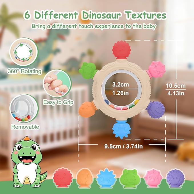Yoolane Baby Teething Toys, Silicone Teether for Babies 3 6 12 18 Months, Dinosaur Baby Teething Ring Rattle Teether Sensory Chew Toys for Toddler Infant, Newborn Stuff Essential Gift, BPA Free