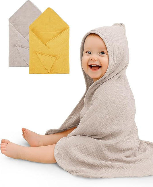 Hooded Baby Towels 2 Pack, Muslin Baby Bath Towels with Hood for Newborn Infant and Toddler, Soft Breathable & Absorbent, 32" x 32" (Beige & Mustard Yellow, Lightweight)