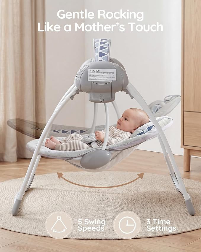 Baby Swings for Infants, Portable Baby Swing Folds Easy with Adaptable Speed, Music,Timer,Baby Swing Indoor/Outdoor,Infant Swing for Babies 0-6 Months 6-20 lbs Grey