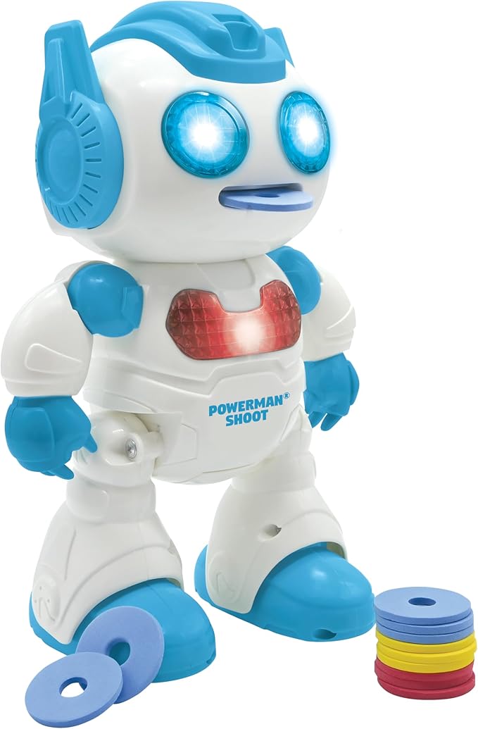 LEXiBOOK, Powerman Shoot - My First Throwing-disc Robot, Programmable Remote Control Robot, Plays Music and Dances, Sound and Light Effects, 12 Foam Discs, ROB17