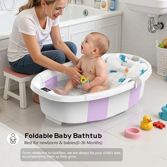 Collapsible Baby Bathtub for Newborn to Toddler 0-36 Months, Large Baby Bath Tub with Thermometer & Cushion, Easy Setup Foldable Travel Infant Bathtub, Newborn Babies Boy Girls Bath Tubs Purple Size