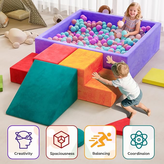 8-Piece Foam Climbing Blocks with Ball Pit for Toddlers 1-3, Soft Play Toddler Climbing Toys Indoor, Indoor Foam Blocks for Toddlers 1-3 Inside with Square Ball Pit, Steps, Triangle Ramp, Shape Mats B