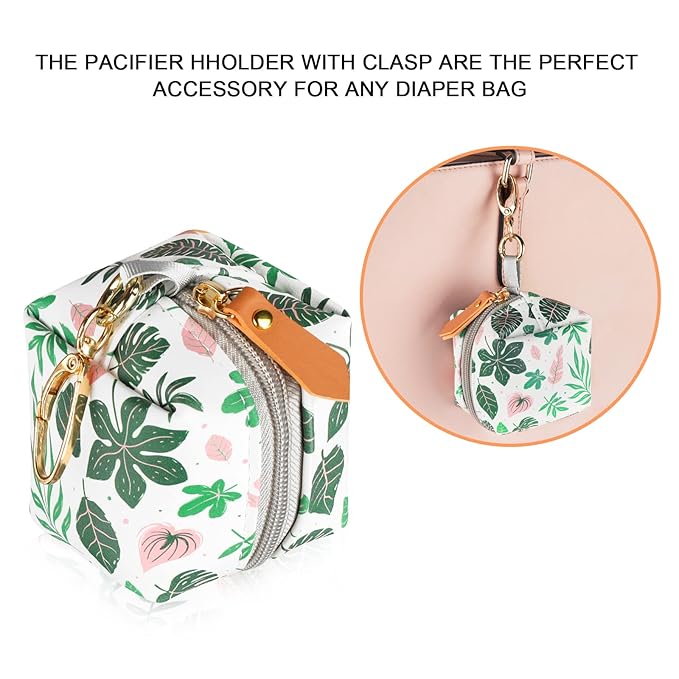 Baby Pacifier Case with Clip, Baby Pacifier Holder Pouch Box for Diaper Bag, Holds 2 Pacifiers for Travel Outdoor Activities, Small Baby Utensils,Green Leaf