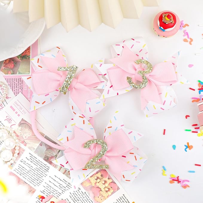 YanJie 4'' Baby Girl Birthday Hair Bow for 1 Year Old Newborns Sprinkle Glitter Birthday Infant Headbands Hair Accessories with Pink Frosting Bows