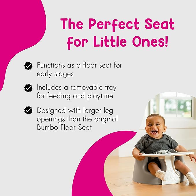 Bumbo Foam Infant Floor Seat Plus+ with Tray for Babies 3 to 12 Months Old, Monsoon - Portable Soft Baby Chair with Large Legroom and 3-Point Harness for Feeding and Play