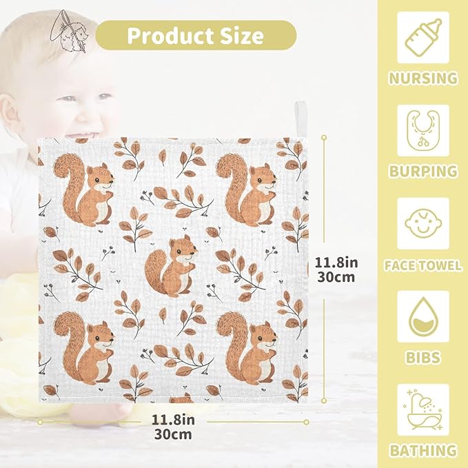 vvfelixl Baby Muslin Washcloths Cute Squirrel with Tail Baby Burp Cloths Cotton Babys Face Towel for Newborn Infants Boys Girls Soft and Absorbent 11.8 X 11.8 in, 3 Pack