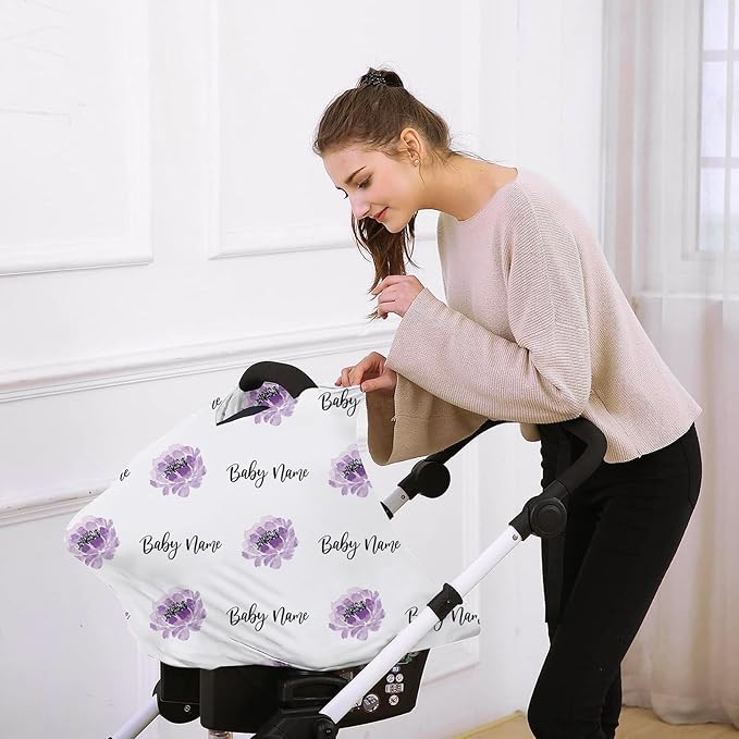 Custom Name Car Seat Canopy - Baby Car Seat Covers, Purple Flower Print Infant Stroller Cover, Carseat Canopy Christmas Birthday Gifts for Girls and Boys(27"x29")