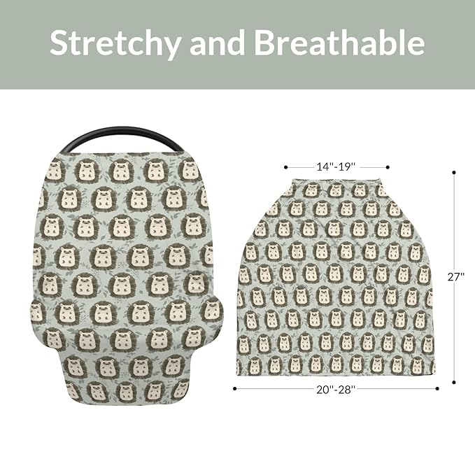 Watercolor Hedgehog Green Leaves Baby Car Seat Covers Cute Hedgehogs Stretchy 5-in-1 Cover Adjustable Infant Carseat Canopy Cover Spring Animals Breathable Nursing Cover-Up