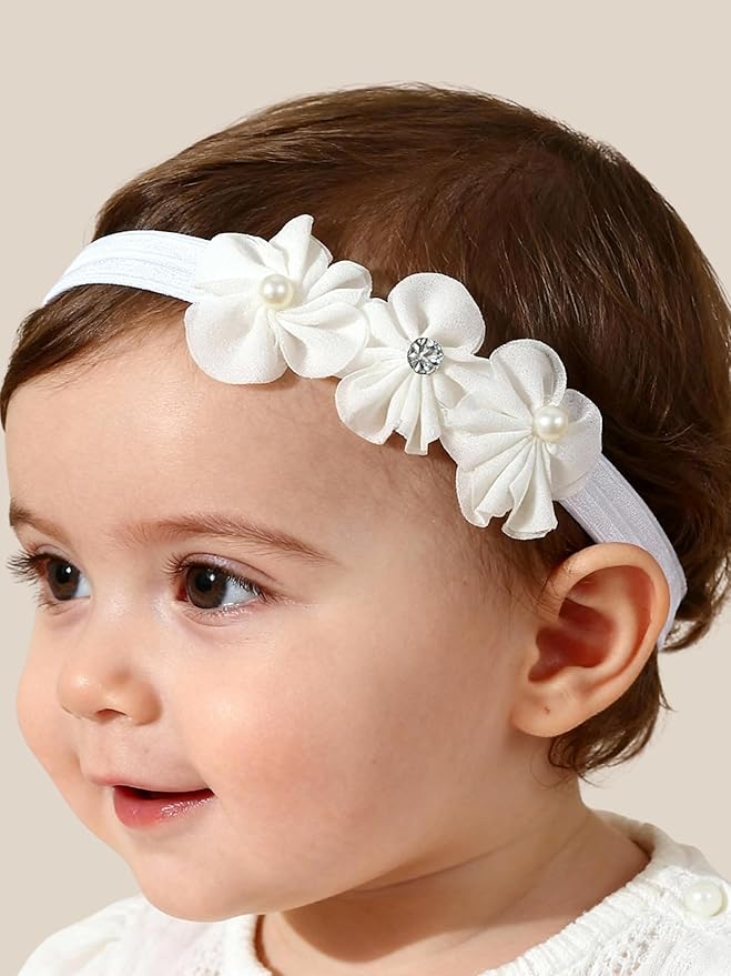 Baby Girls Hairband White Bow Lace Headbands Handmade Soft Stretchy Wide Head Band Newborn Hairbands with Bows Pearls Elastic Headband for Infant Hair Accessories（Three Flowers）
