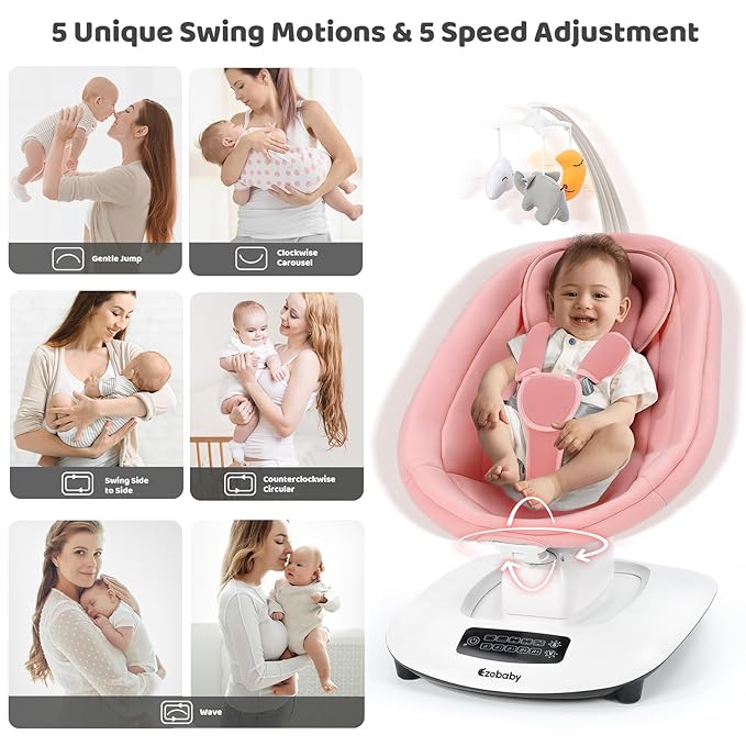 Ezebaby Electric Baby Swing for Infants with 5 Unique Motions, 5 Speeds, Lullabies, Bluetooth Enabled, Smart Baby Swings for Newborn with 5-Point Harness & Remote Control for 0-9 Months, Pink