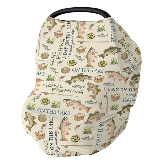 Gone Fishing Car Seat Cover for Babies Vintage Lake Fishing Lovers Gift Stretchy 5-in-1 Covers Adjustable Car Canopy Cover Vacation Outdoors Adventure Breathable Nursing Cover-Up