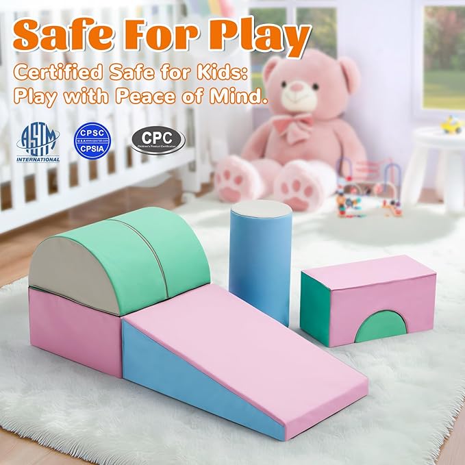 Toddler Climbing Toys Indoor, 5-Piece Foam Baby Climbing Blocks, Soft Play Climbing Set for 1-3 Years Old, Modular Crawling & Sliding Equipment, Waterproof Easy to Clean (Pink)