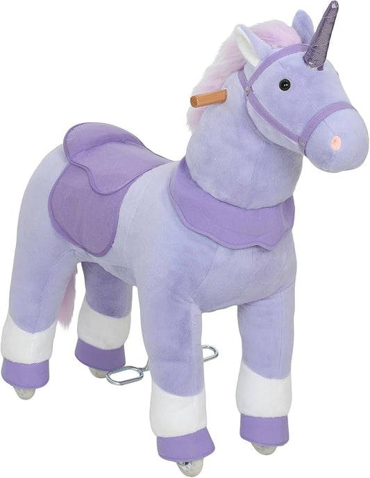 Qaba Ride on Horse for Kids 4-7 Years, 37.8 Inch Height Plush Riding Unicorn, Walking Horse Animal with Rolling Wheels for Active Play, No Batteries Required, Purple
