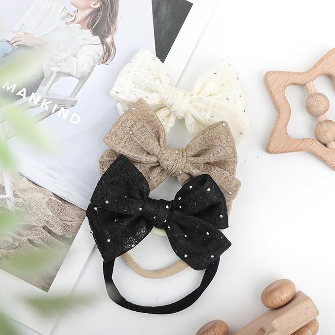 YanJie 3PCS 4’’ Lace Hair Bow for Girls Nylon Baby Headbands Rhinestone Black Beige Off White Bows Hair Accessories for Newborn Infant Toddler Girl