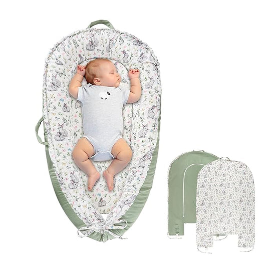 Baby Lounger Cover for Boys Girls, Reversible Baby Nest Cover, Adjustable Baby Lounger Replaceable Cover for Infant Newborn, Portable and Machine Washable, Cotton Green Rabbit Cover