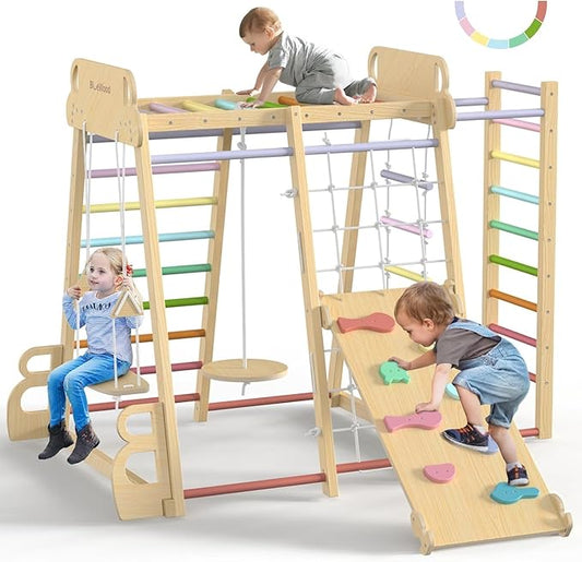 BlueWood Upgraded Indoor Jungle Gym 9-in-1 Playground Kids Climbing Toys, Waldorf Style Wooden Climber Playset with Slide, Swing, Monkey Bars, Upright/Rope Ladder, Climb Net, Colorful