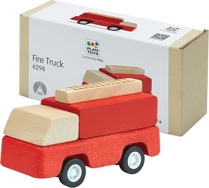 PlanToys® Fire Truck Wooden Montessori Vehicle Toy | Early Movement, Imagination and Practical Life Exploration | Eco Friendly Fire Rescue Truck for Indoor and Outdoor Play