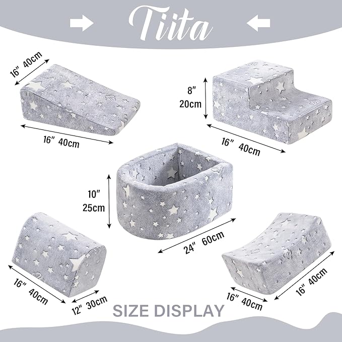 Tiita Baby Climb and Crawl Playset 5-Piece, Kids Foam Climbing Block with Small Ball Pit - Indoor Soft Play Climber for Playtime Fun, Grey Star