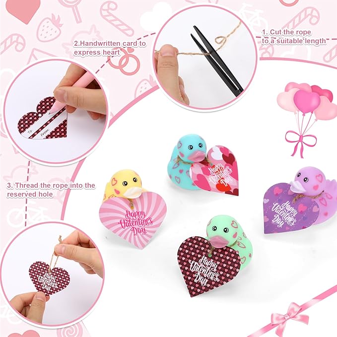 Jerify 48 Pcs 2 Inch Valentines Rubber Ducks Bulk with Gift Cards Mini Heart Rubber Duckies Bath Toys Valentine's Day Gift for Kids Classroom Favors Prizes Exchange (Macarons)