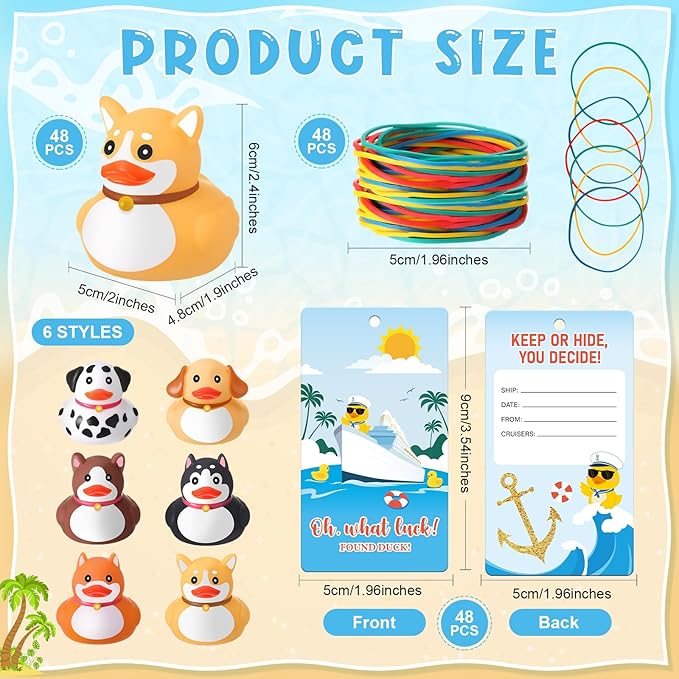 48 Sets Dog Rubber Duckies, Mini Cruise Duck Tag Kit Includes 48 Small Dog Ducks 48 Cruising Tag Cards 48 Rubber Bands Floating Duck Pool Bath Toys for Carnival Rewards Party Favor