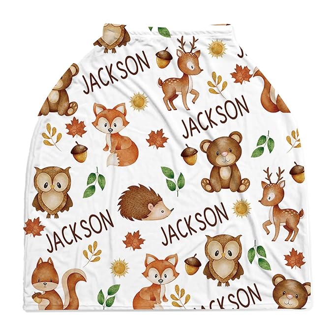 Personalized Baby Car Seat Cover Stroller Canopy: Custom Name Newborn Baby Boy Girl Elastic Animals Nursing Cover for Moms First Birthday Gift Fox Hedgehog(one Size)