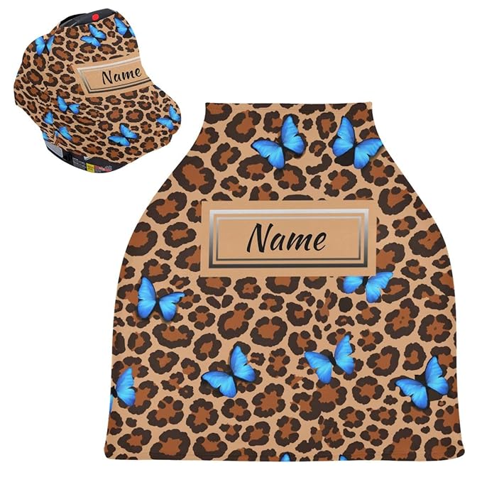 Custom Blue Butterfly Leopard Cheetah Baby Car Seat Cover Personalized Your Name Nursing Covers Breastfeeding Scarf Infant Carseat Canopy for Mom Baby Gift