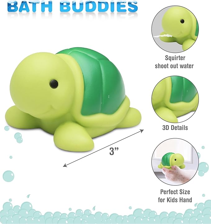 DolliBu Sea Turtle Bath Buddy Squirter – Floating Green Turtle Rubber Bath Toy, Fun Water Squirting Bathtime Play for Toddlers, Cute Sea Life Animal Toy