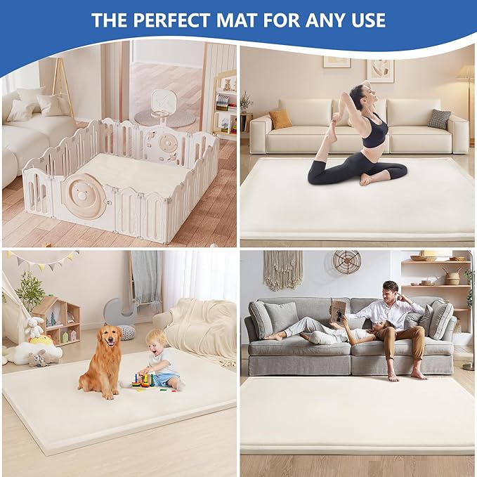 Baby Play Mat for Floor,1.3" Thick Memory Foam Tummy Time Mat,Water Repellent Soft Velvet Nursery Rug,Extra Large Non Slip for Crawling,Toddlers,Infants,Kids,Tatami Style for Living Room(Cream)