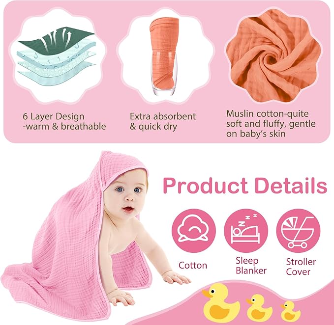 Peryiter 4 Pcs Muslin Hooded Baby Towels, 32"x 32" Cotton Newborn Bath Towel Muslin Infant Baby Blankets Absorbent Unisex Newborn Registry Gift Essentials for Girls Boys (Warm Colors)