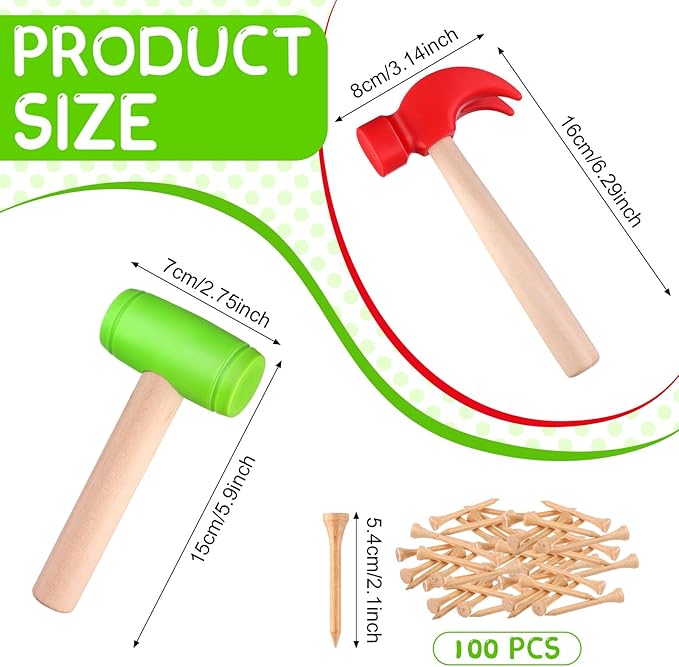 10Pcs Toy Hammer Set With 100Pcs Small Wooden Simulation Fake Maintenance Tools, Plastic Toddler Claw Hammer, Portable Pretend Play Mallet for Boys Girls