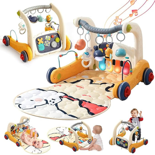 Baby Play Mat Gym,4-in-1 Kick and Play Piano Tummy Time Mat Learning Walker-Musical Activity Center with Lights Seat and Push Walkers Ideas for Baby Newborn 6-12 18 Months Boy Girl