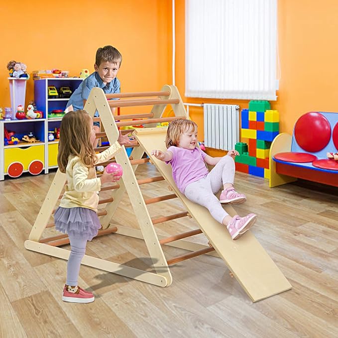 HONEY JOY Triangle Climber with Ramp, 2-in-1 Indoor Toddler Climbing Triangle Set with Ladder & Slide, Foldable Wooden Kids Climbing Toys for Playground, Gym & Daycare, Gift for Boys Girls (Natural)