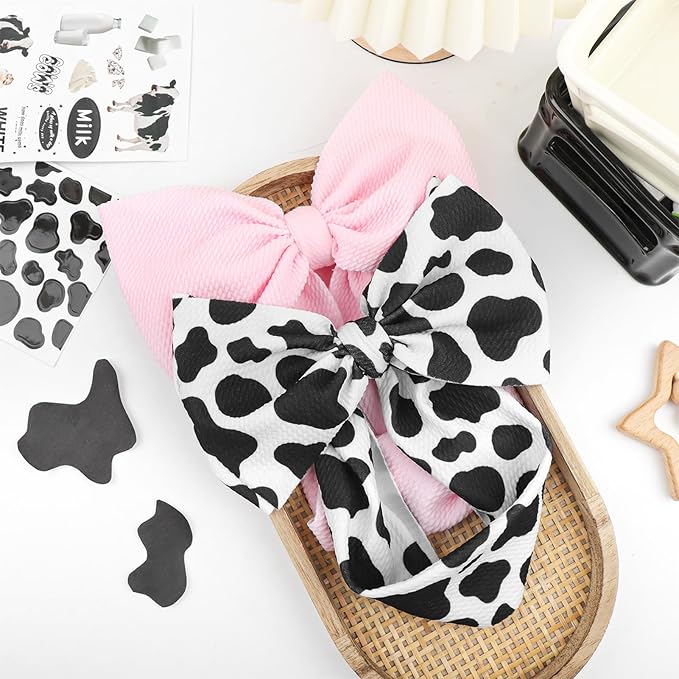 2Pcs Moo Cow Print 7’’ Hair Bows for Baby Girls Cowgirl Accessories Infant Toddler Baby Girl Headbands Pink Bow Hair Wrap