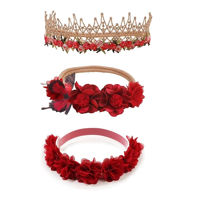 Baby Girl Flower Headbands and Bows, Stretchy Soft Nylon Floral Crown, 3pcs Handmade Hair Accessories for Newborn Infant Toddler
