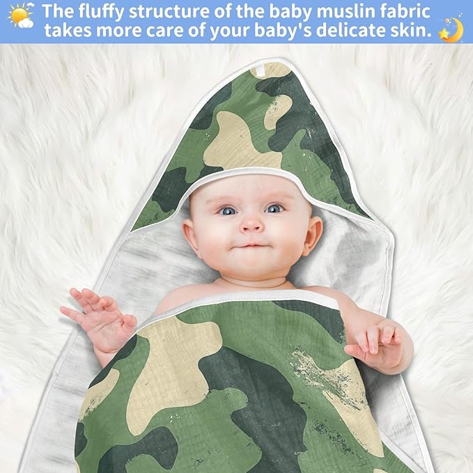 Pigsaly Dark Green Camo Print Hooded Baby Towel Woodland Camouflage Baby Bath Towel Unisex Soft Organic Cotton Washcloths Toddlers Shower Gifts for Boys Girls Newborn 30 x 30 in