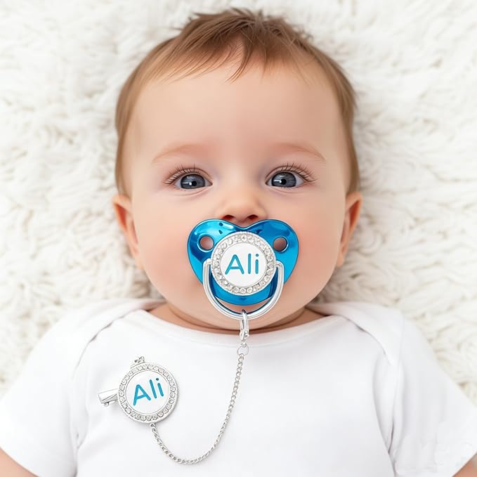 Personalized Name Bling Baby Pacifier with Luxury Gift Box Package, Customized Letters BPA Free Pacifier for Newborn M(6-18m) (Metalic Blue)