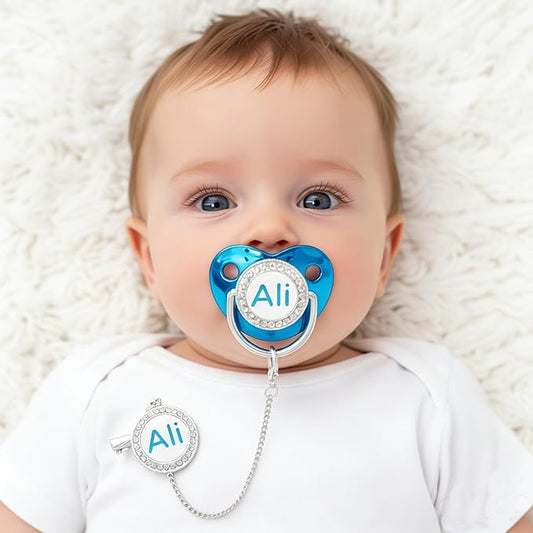 Personalized Name Bling Baby Pacifier with Luxury Gift Box Package, Customized Letters BPA Free Pacifier for Newborn M(6-18m) (Metalic Blue)