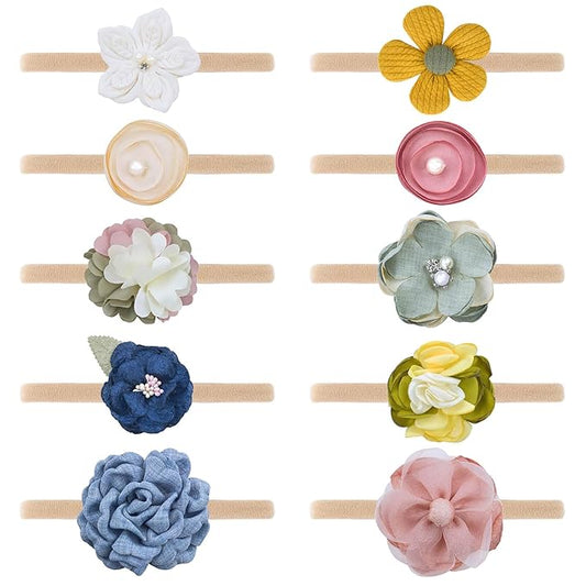 DRESHOW BQUBO Baby Girl Headbands with Flower Nylon Hairbands Handmade Hair Accessories for Newborn Infant Toddlers 10 Pack