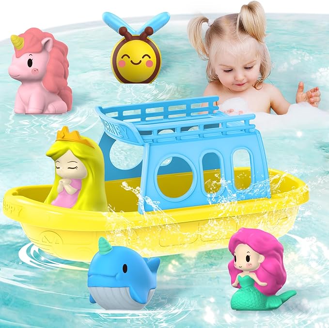 Oriate Mermaid Princess Finger Puppets Bath Toys(5 PCS) for Kids Toddlers 1-3 with Bath Boat, Baby Bathtub Shower Toys, Animal Whale Bee, Floating Water Beach Pool Toys Easter Eggs