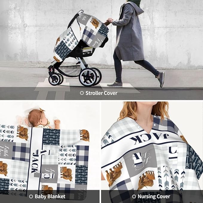 Personalized Baby Car Seat Canopy for Babies, Custom Name Car Seat Covers for Boys and Girls, Opening Minky Nursing Breastfeeding Cover for Infant, Carseat Canopies for Newborn (High Land Cow Blue)