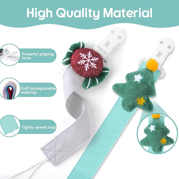 TYRY.HU Pacifier Clip for Baby, 2 Pack Neutral Pacifier Holder Clip for Girls Boys, Soft Webbing Soothie Christmas Binky Clips Fit All Pacifiers, Cute Baby Shower Gift，Tree & Candy