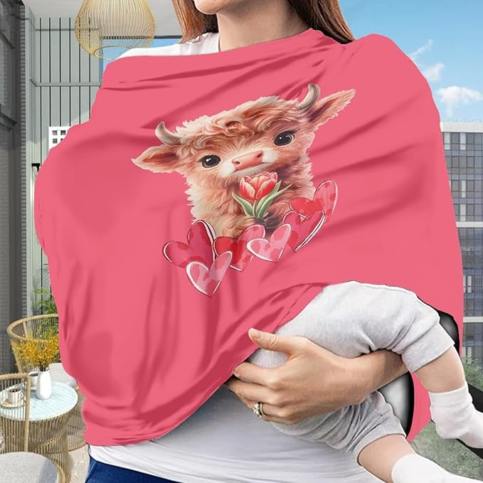 Wanyint Car Seat Covers Baby Car Canopy Shopping Cart Scarf Lightweight Stroller Cover Women Mother Nursing Breastfeeding Covers for Valentine's Day, Highland Cow Heart Tulip