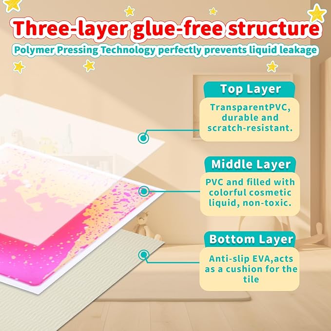 Sensory Floor Tiles Liquid for Kids: Motion Activity Play Mat 12x12 Inch Non-Toxic Anti-Slip Leakproof - 4 Colorful Pads Tactile Exploration & Visual Tracking Toys for Classroom/Autism Room