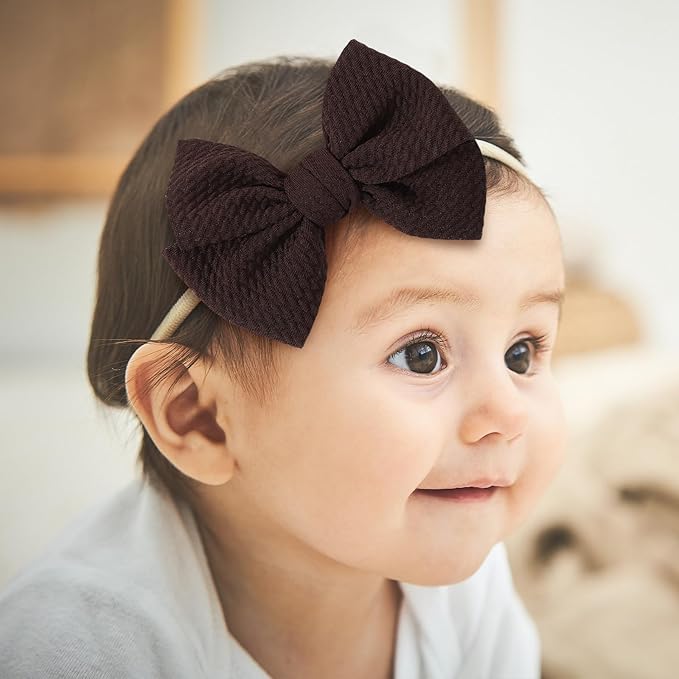 yoyokid 3PCS 4" Baby Girls Bow Headband, Elastic Nylon Hairbands Soft Baby Hairbands with Bows Hair Accessories for Newborn Infant Toddler, Beige Brown Coffee