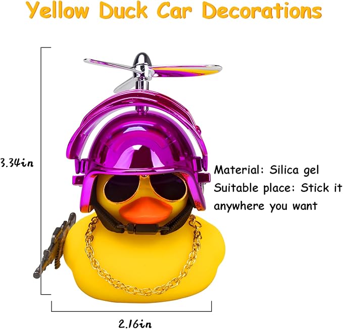 wonuu Rubber Yellow Duck Car Ornaments Cool Duck Car Dashboard Decorations with Propeller Helmet Sunglasses (Colorful Pink-Yellow G)