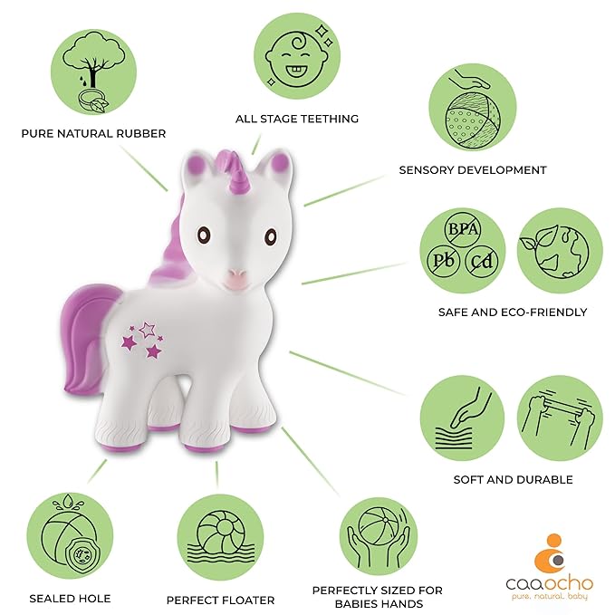 CaaOcho Pure Natural Rubber Teething Baby Toy - Mira The Unicorn Teether for Babies, BPA Free Baby Toy, All Natural Teething Toys for Babies 0-6, Safe and Fun Molar Teether Toy