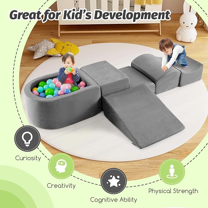 Costzon Toddler Climbing Toys Indoor, 5 Pieces Foam Climb and Crawl Playset w/Kids Ball Pit & Detachable Machine-Washable Covers for Playroom Children Room, Soft Play Climbing for Toddlers (Gray)