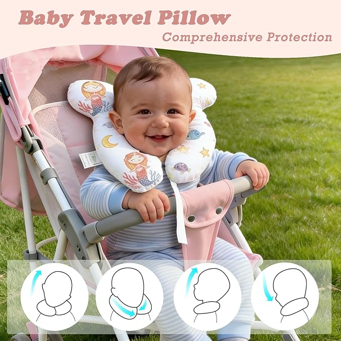 Baby Travel Pillow for Car Seat and Stroller, Soft Reversible Comfort Pillow, U-Shape Seat Accessory for Toddler, Mermaid Design