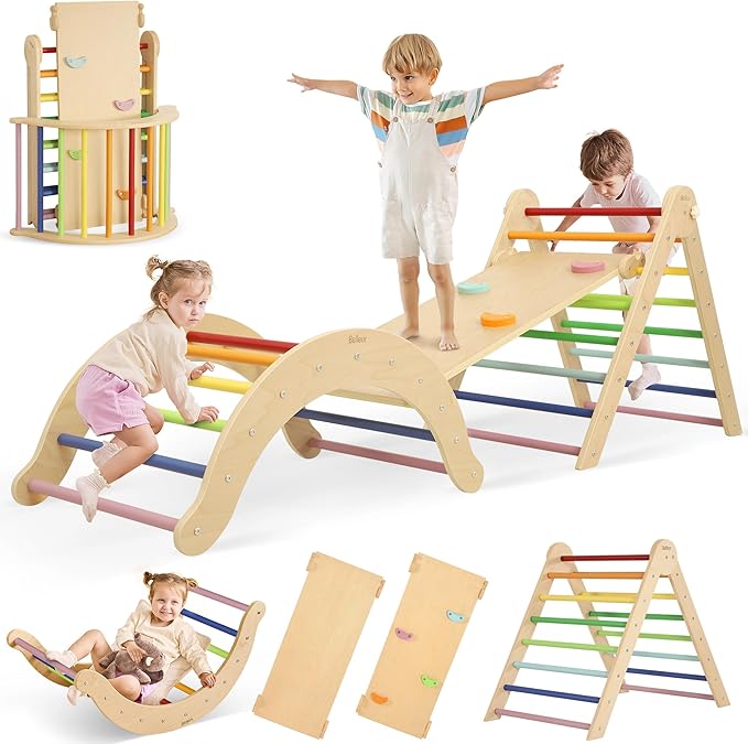 Belleur Pikler Triangle Set, 7-in-1 Foldable Climbing Toys for Toddlers 1-6 Years Old, Wooden Montessori Climbing Set with Arch, Ramp & Ladder, Baby Indoor Climber Jungle Gyms - Rainbow