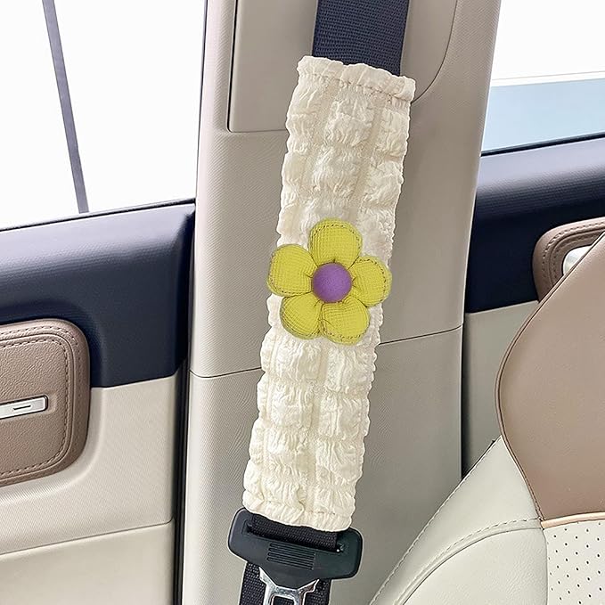 Car Seat Belt Cover Pad, 2 Pack Flower Car Accessorie Seatbelt Covers Cushion Neck Shoulder Strap Protector Universal Seat Belt Cover for Adults and Kids (Purple and Yellow)